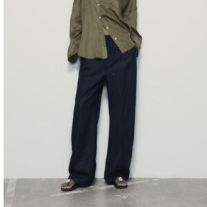 Zara Navy Blue Linen Blend Straight Pants